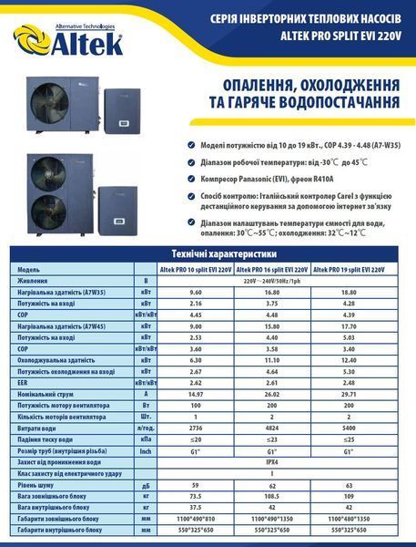 Купити  Інверторний тепловий насос Altek PRO 16 split EVI 220V (повітря-вода) (артикул: 1685648881)